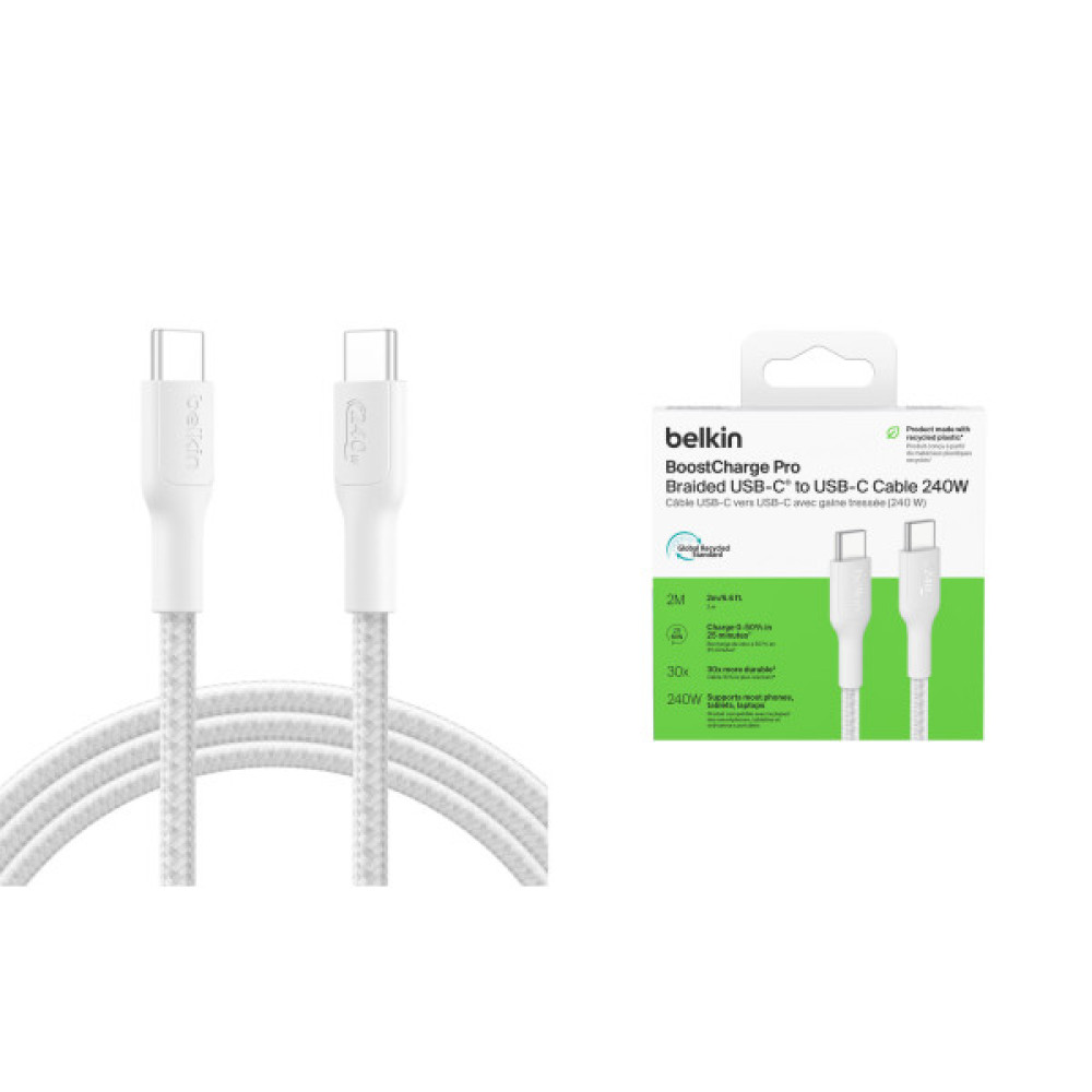 Кабель USB-C > USB-C заряджання/синхронізації Belkin 2м, 240Вт, Type-C, плетений, білий
