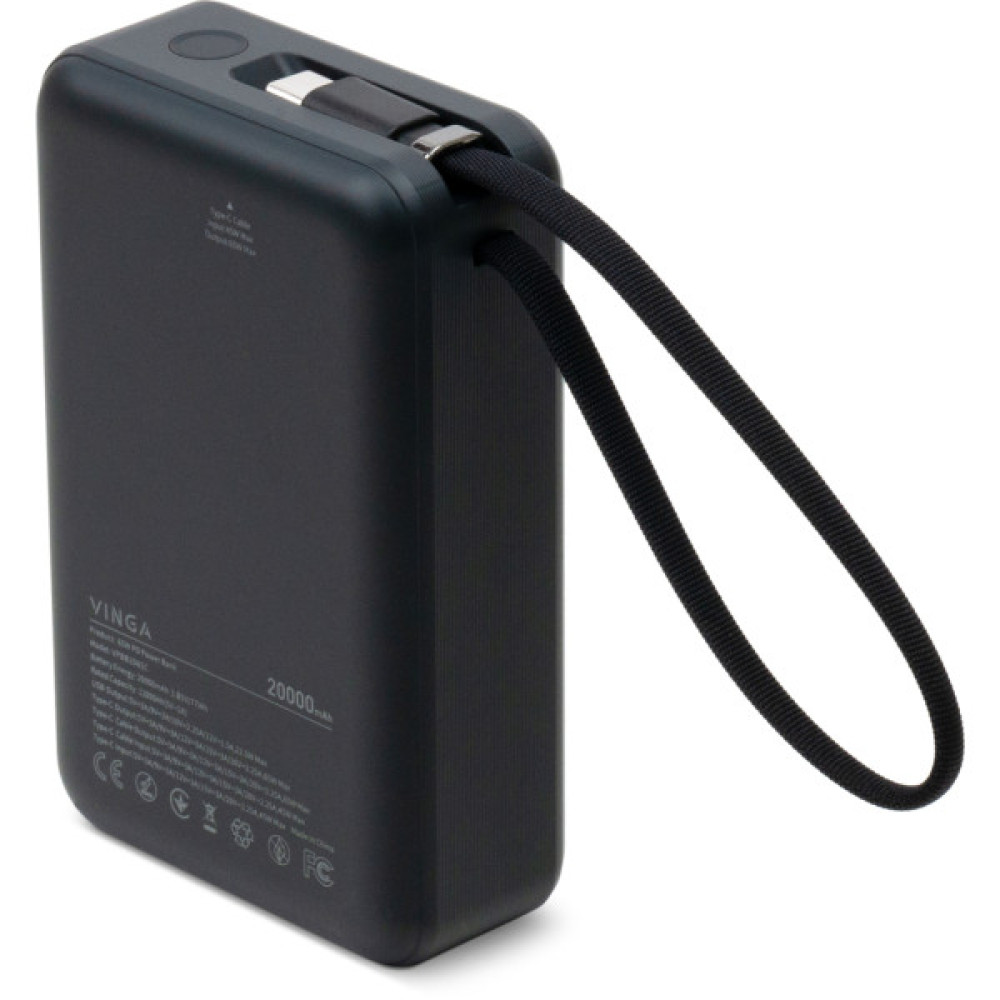 Батарея універсальна Vinga 20000 mAh 65W Display USB-C Cable Grey (VPBB2065C)