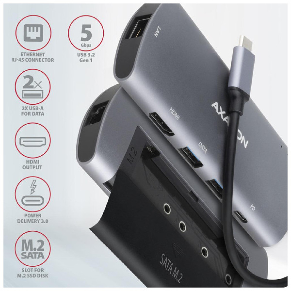 Концентратор AXAGON USB-C to 2xUSB-A + HDMI + RJ45 + SATA M.2 + PD 100W 0.18m grey (HMC-6M2)