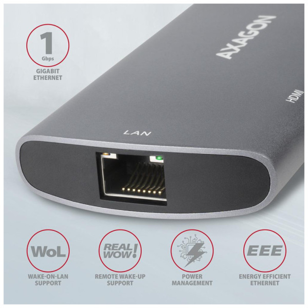 Концентратор AXAGON USB-C to 2xUSB-A + HDMI + RJ45 + SATA M.2 + PD 100W 0.18m grey (HMC-6M2)
