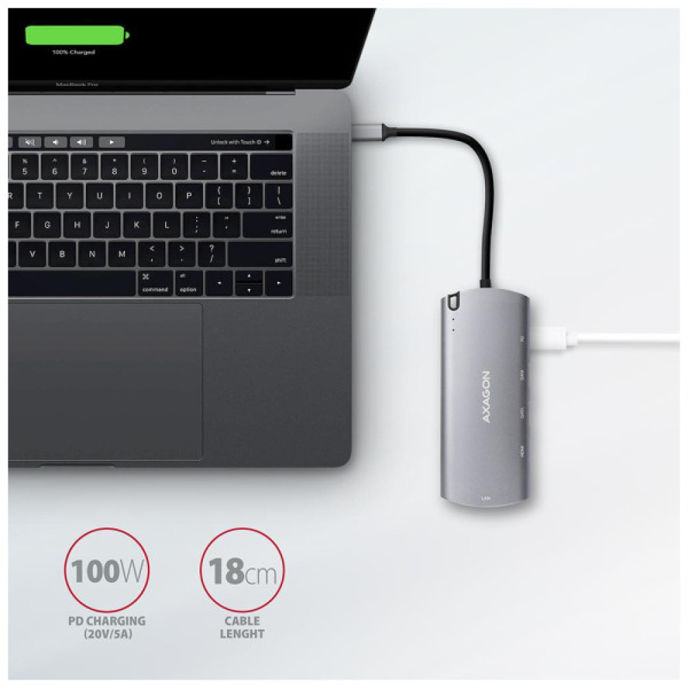 Концентратор AXAGON USB-C to 2xUSB-A + HDMI + RJ45 + SATA M.2 + PD 100W 0.18m grey (HMC-6M2)