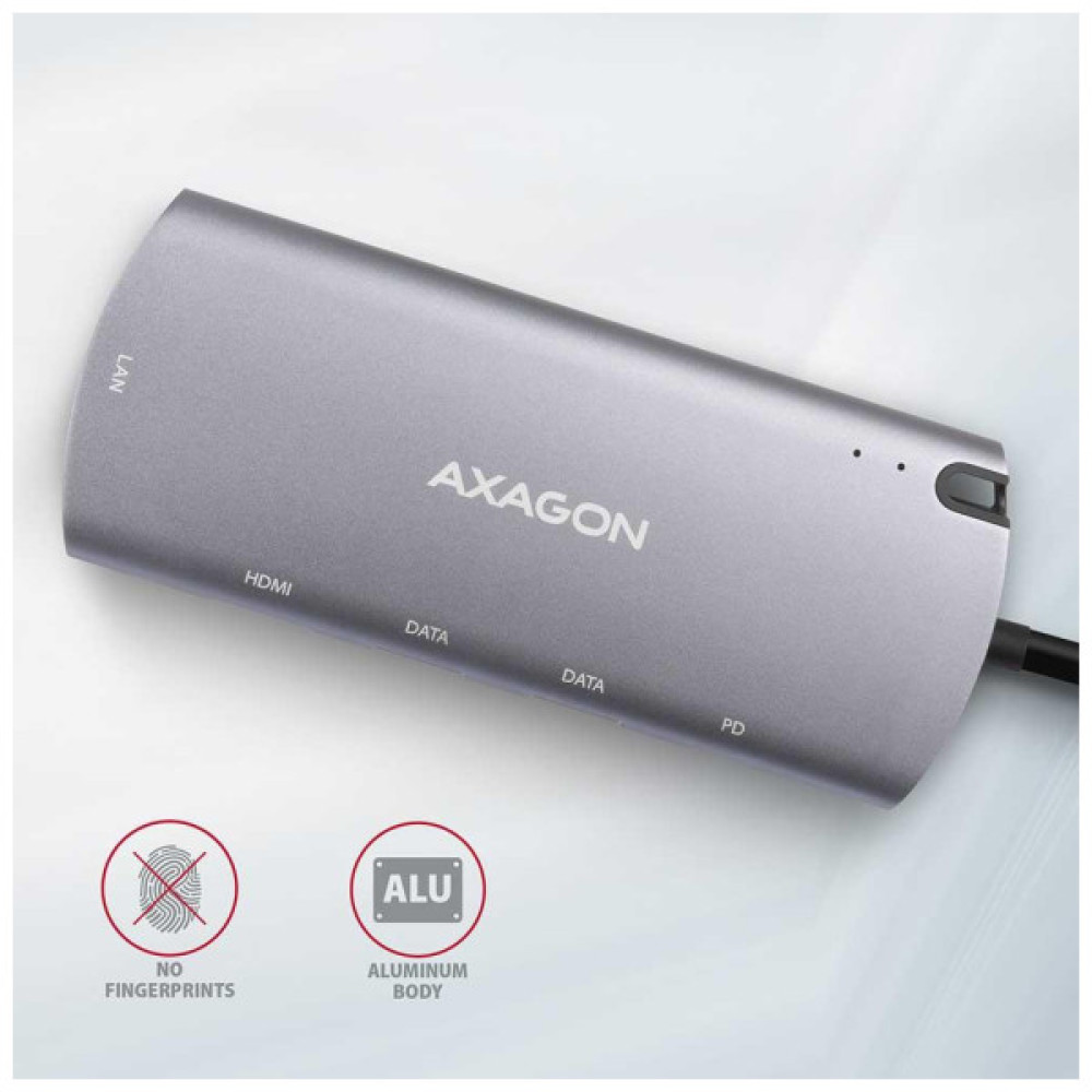 Концентратор AXAGON USB-C to 2xUSB-A + HDMI + RJ45 + SATA M.2 + PD 100W 0.18m grey (HMC-6M2)