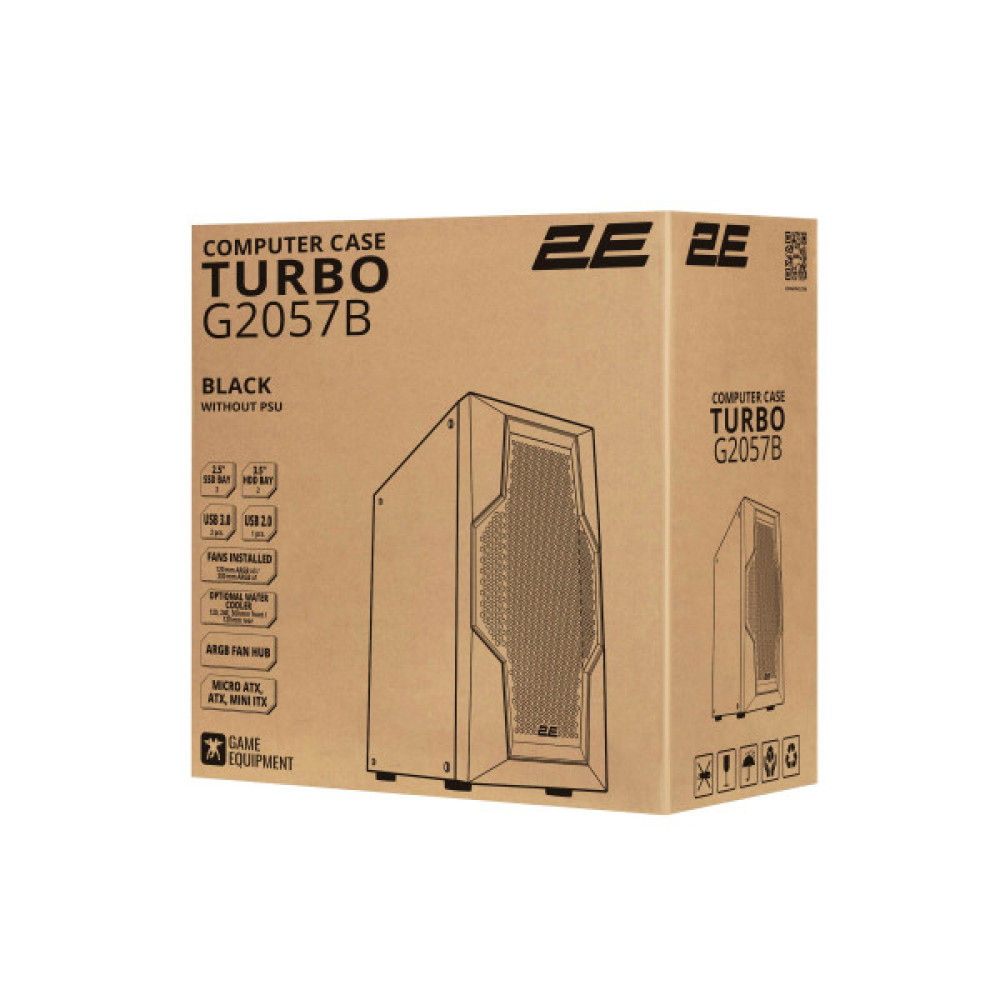 Корпус 2E GAMING Turbo G2057B без БЖ 2xUSB3.0, 1xUSB2.0, 1x200мм, ARGB, 3x120мм ARGB, VGA 345мм, LCS ready, HUB, TG Side Panel, ATX, чорний