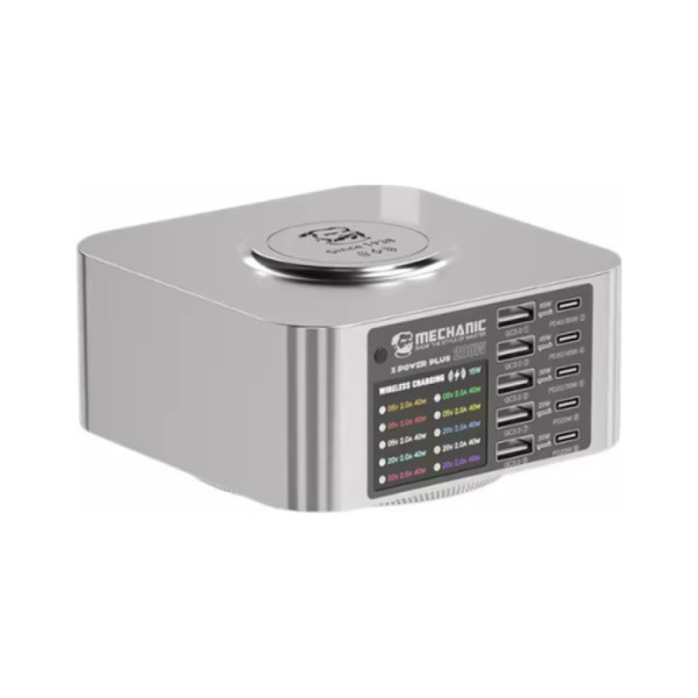 Зарядний пристрій MECHANIC 5xUSB-C PD + 5xUSB QC3.0 + Wireless Charging 15W LED indication 200W black (X-Power Plus-200W)