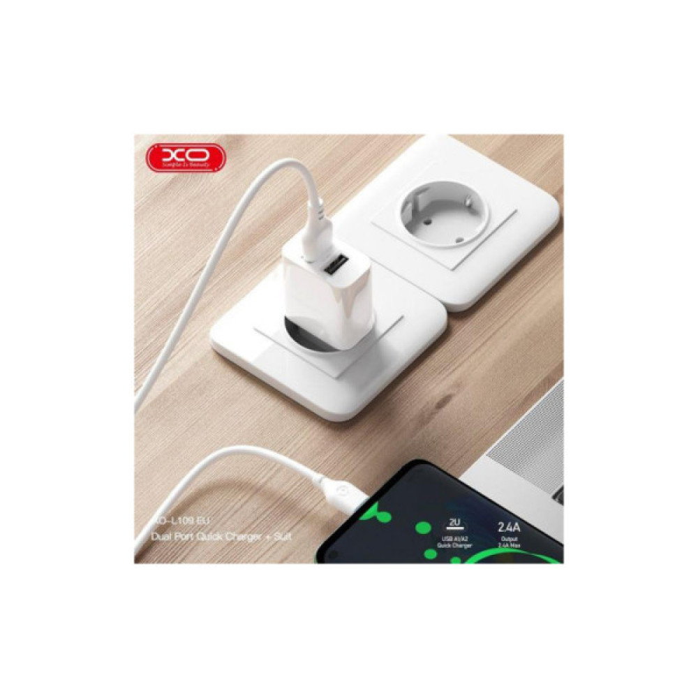 Зарядний пристрій XO L109 12W (2USB/2.4A) + USB - Lightning White (XO-L109-L)