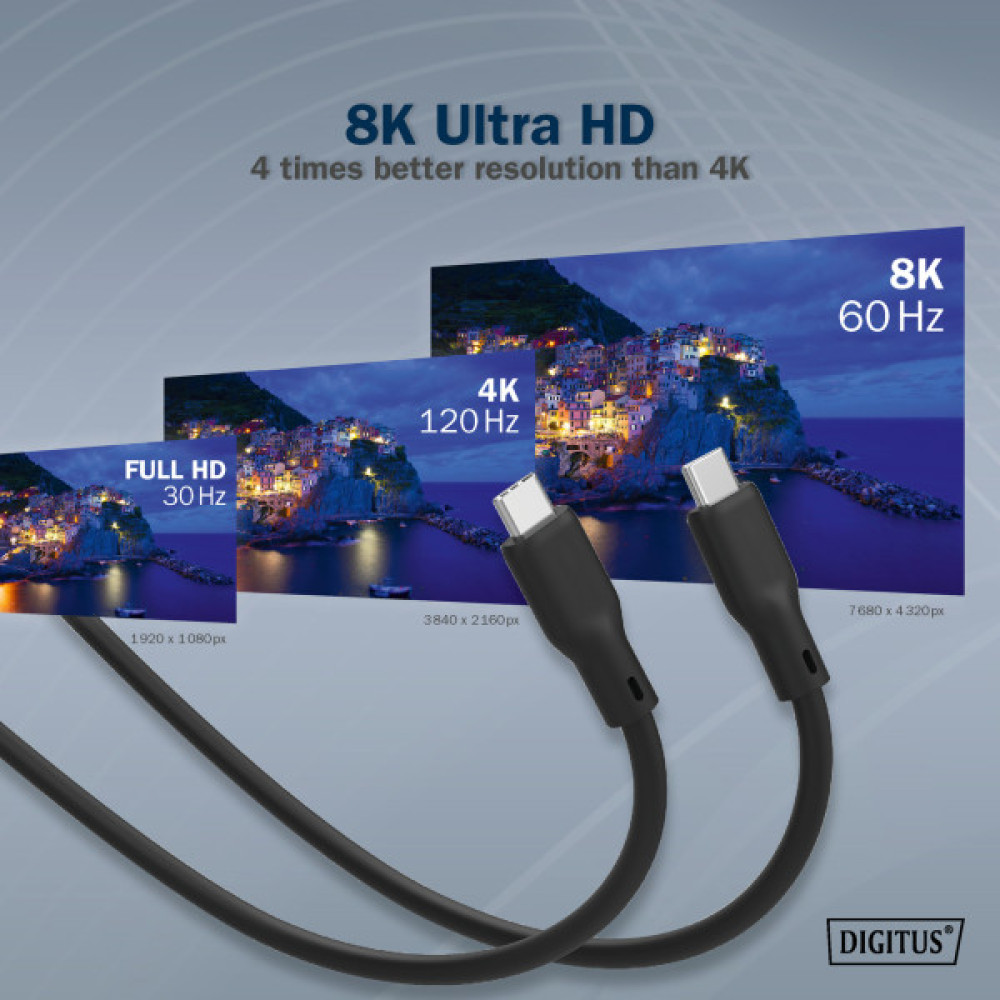 Кабель DIGITUS USB-C заряджання/синхронізації, USB 4.0 Gen 3, 40G, 240W, 8K, силіконовий, 1м, чорний