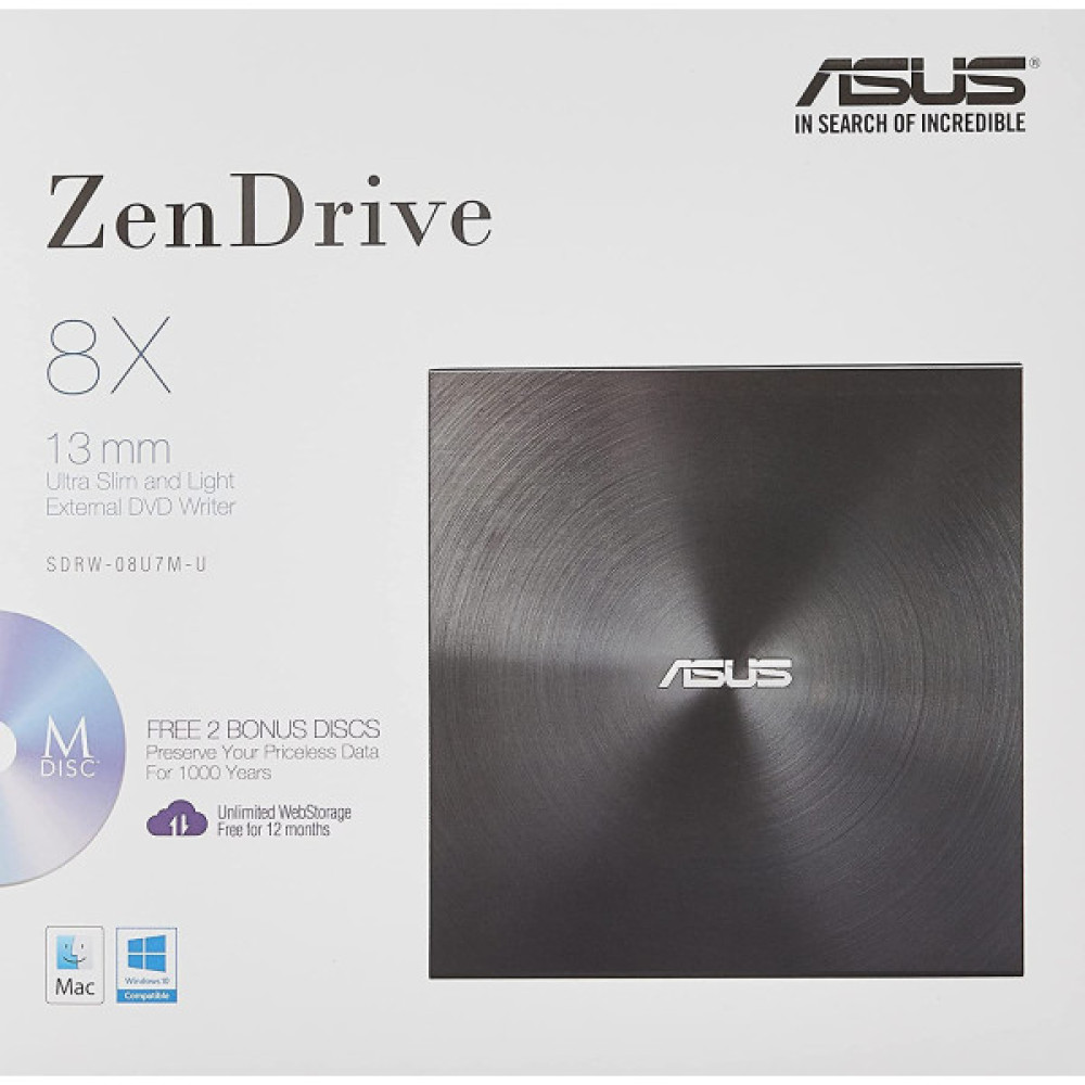 Привід оптичний портативний ASUS ZenDrive SDRW-08U7M-U DVD+-R/RW burner M-DISC USB2.0 чорний Retail Box Slim