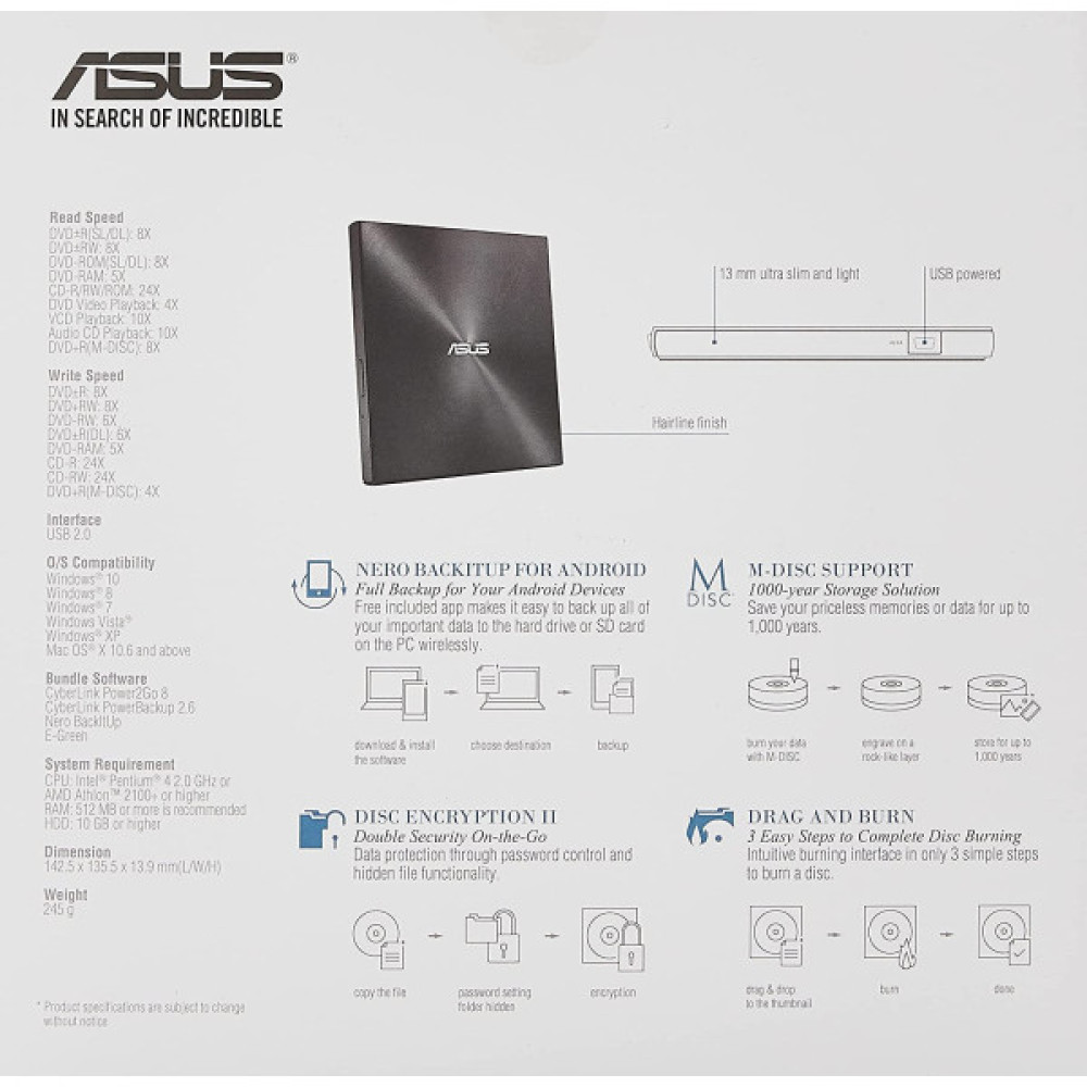 Привід оптичний портативний ASUS ZenDrive SDRW-08U7M-U DVD+-R/RW burner M-DISC USB2.0 чорний Retail Box Slim