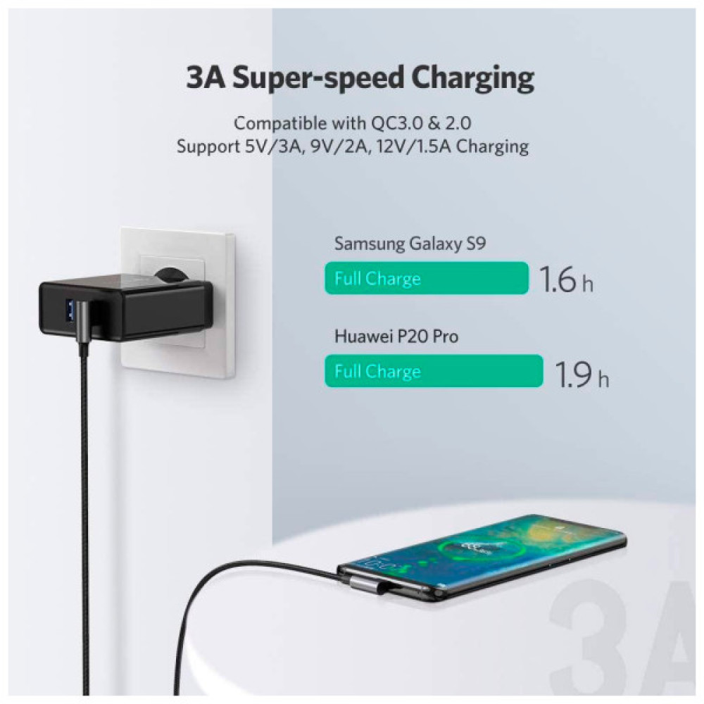 Дата кабель USB 2.0 AM to USB-C 3.0m 3A 90° corner US176 black Ugreen (70875)