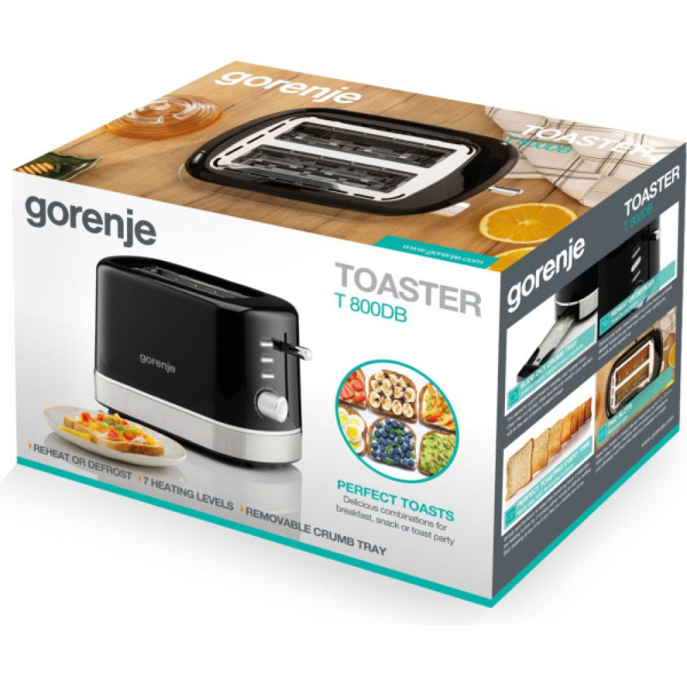 Тостер Gorenje 850Вт, підігрів, розморожування, пластик, чорний