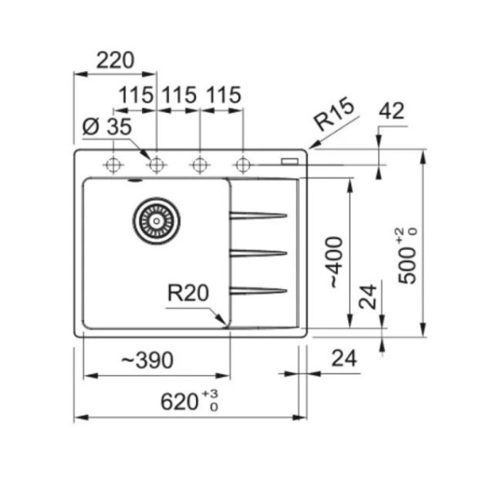 Мийка кухонна Franke Centro, фраграніт, прямокутник, з крилом, 620х500х200мм, чаша - 1, врізна, CNG 611-62 TL, сірий сланець