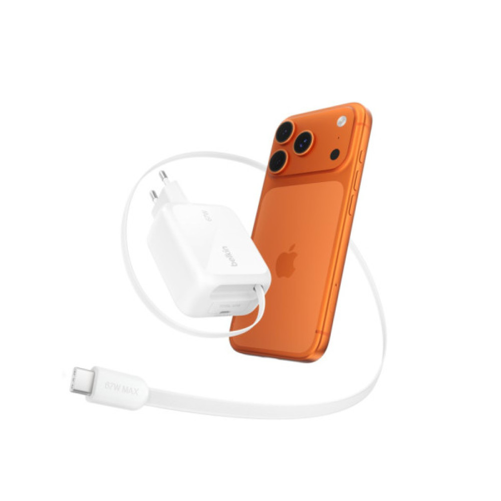 Зарядний пристрій Belkin 2xUSB-C 67W GaN PD3.2 PPS + built-in cable USB-C 1.0m white (WCH022KQWH)
