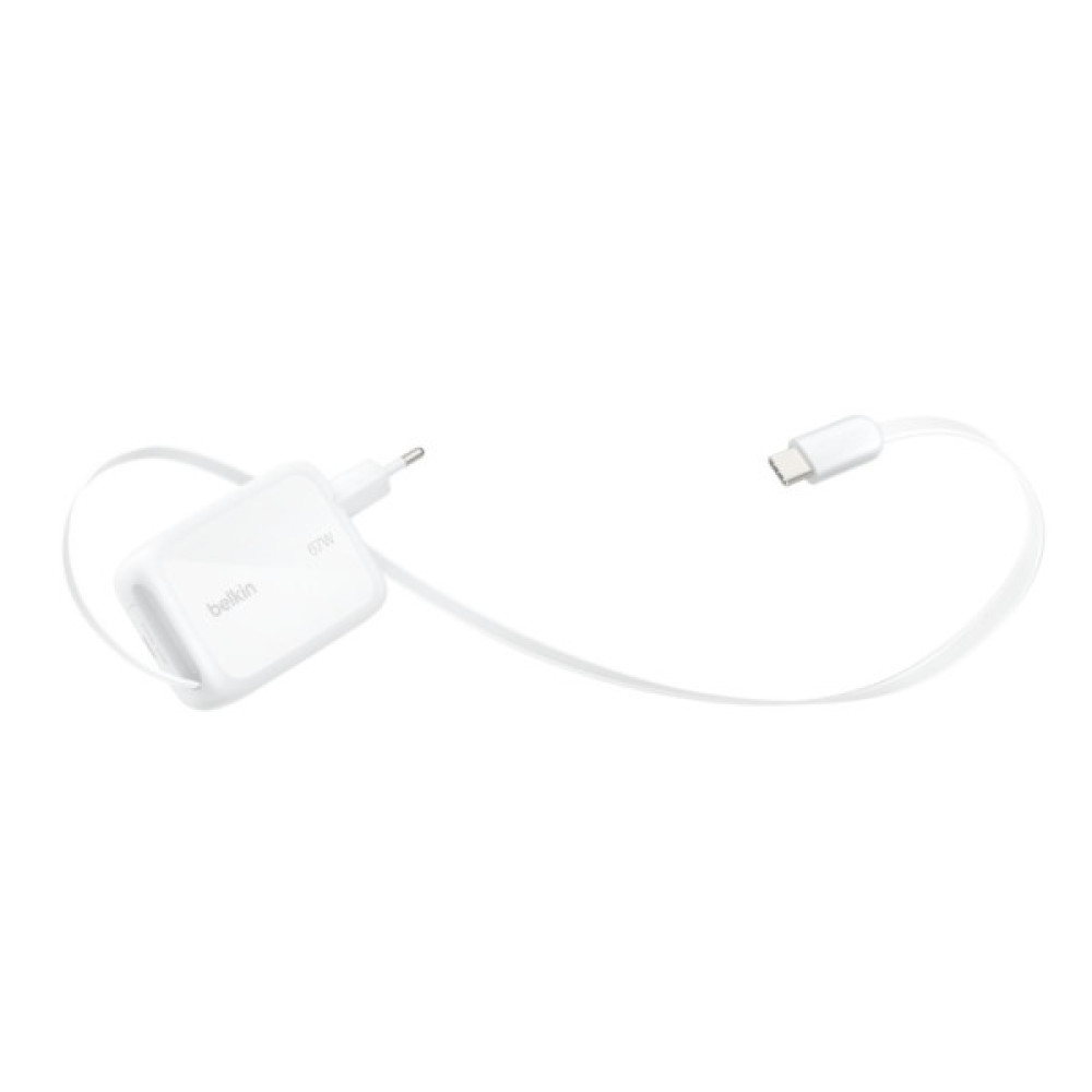 Зарядний пристрій Belkin 2xUSB-C 67W GaN PD3.2 PPS + built-in cable USB-C 1.0m white (WCH022KQWH)