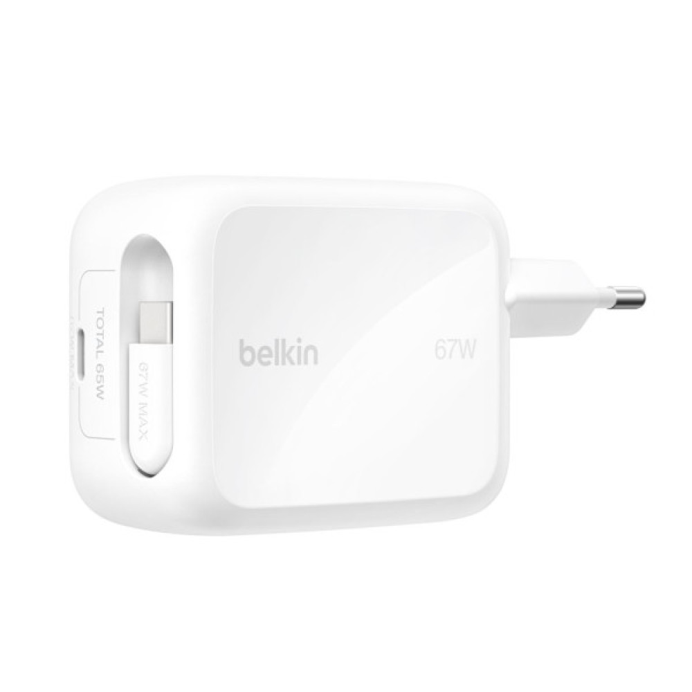 Зарядний пристрій Belkin 2xUSB-C 67W GaN PD3.2 PPS + built-in cable USB-C 1.0m white (WCH022KQWH)
