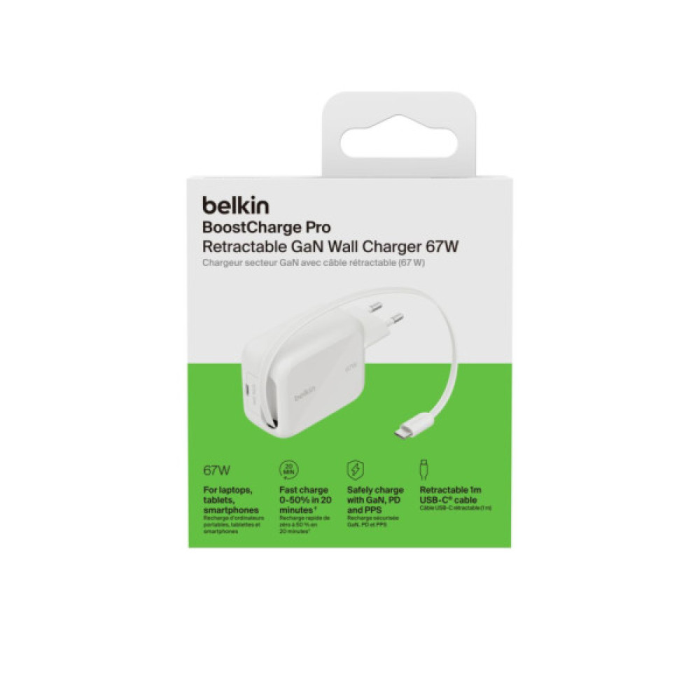 Зарядний пристрій Belkin 2xUSB-C 67W GaN PD3.2 PPS + built-in cable USB-C 1.0m white (WCH022KQWH)