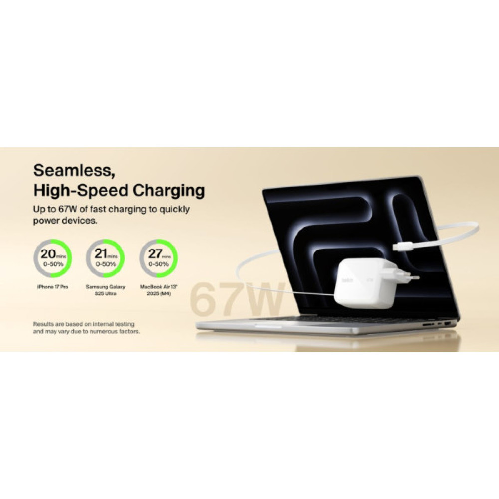 Зарядний пристрій Belkin 2xUSB-C 67W GaN PD3.2 PPS + built-in cable USB-C 1.0m white (WCH022KQWH)