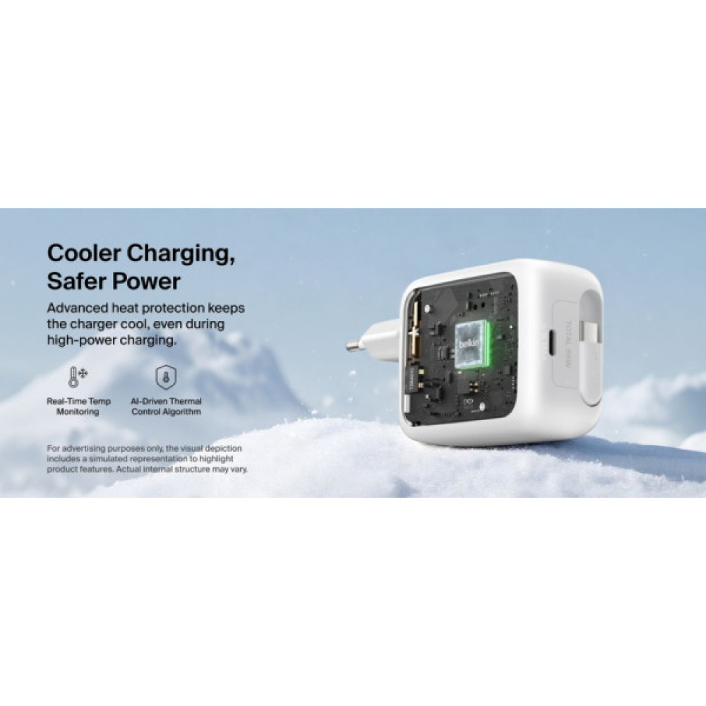 Зарядний пристрій Belkin 2xUSB-C 67W GaN PD3.2 PPS + built-in cable USB-C 1.0m white (WCH022KQWH)