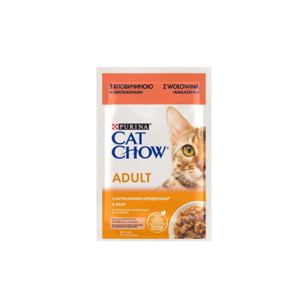 Вологий корм для кішок Purina Cat Chow Adult з яловичиною та баклажанами в желе 85г (7613036595025)