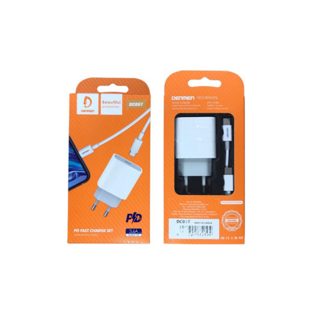 Зарядний пристрій Denmen USB-C PD20W 3.6A + cable USB-C to USB-C white (DM-DC06T-WH)