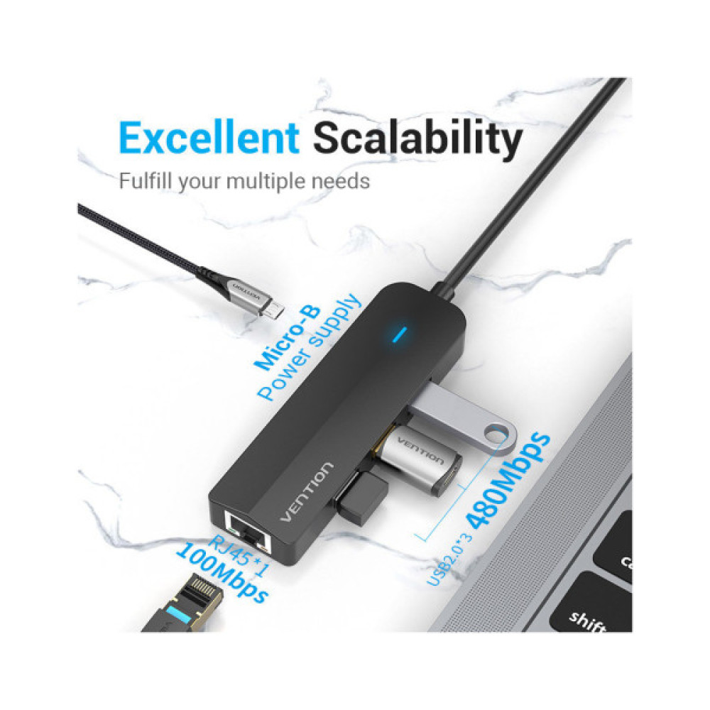 Концентратор VENTION USB 3.1 Type-C to 3xUSB 2.0+MicroUSB+RJ45 100M Ethernet black (TGOBB)