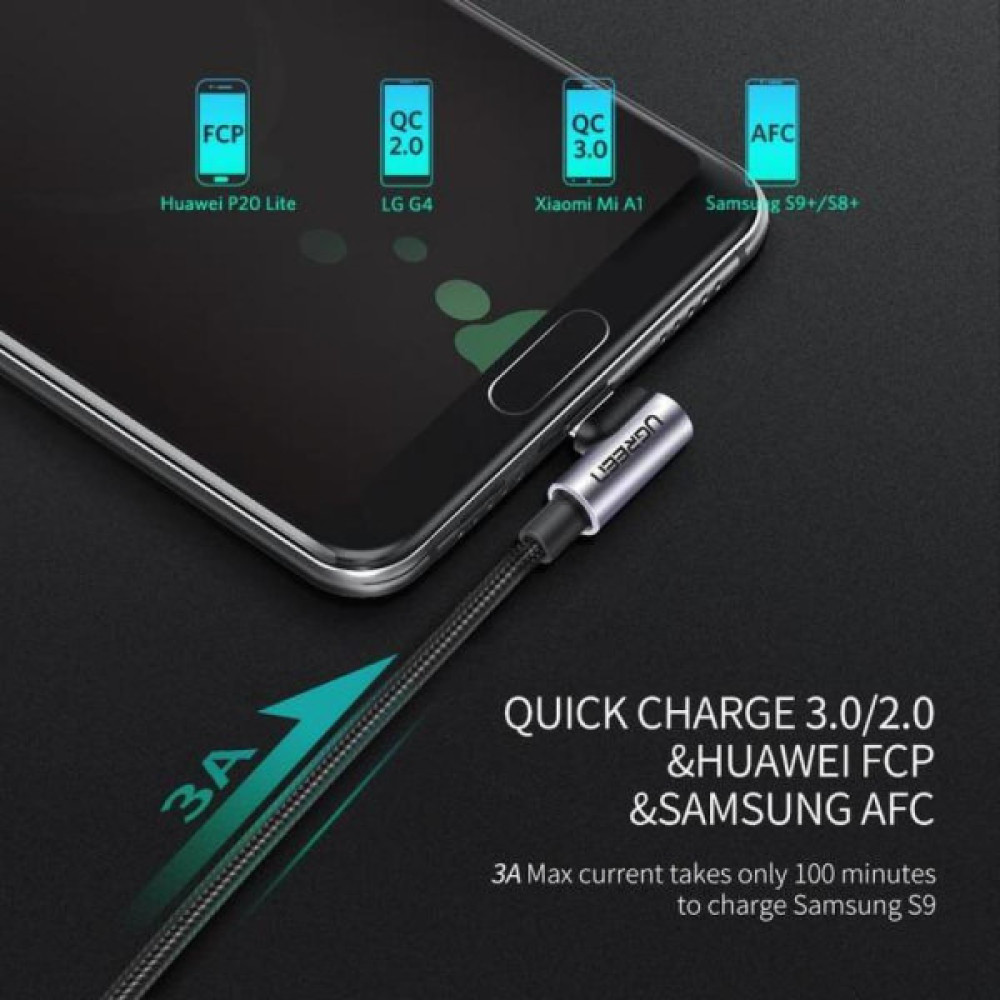 Дата кабель USB 2.0 AM to USB-C 1.0m 90° corner braid black Ugreen (50941)