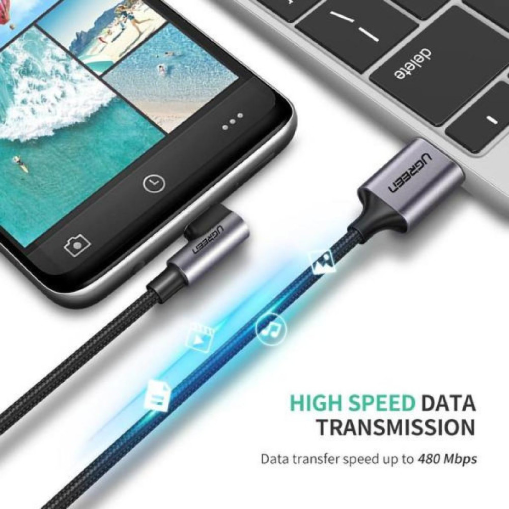 Дата кабель USB 2.0 AM to USB-C 1.0m 90° corner braid black Ugreen (50941)