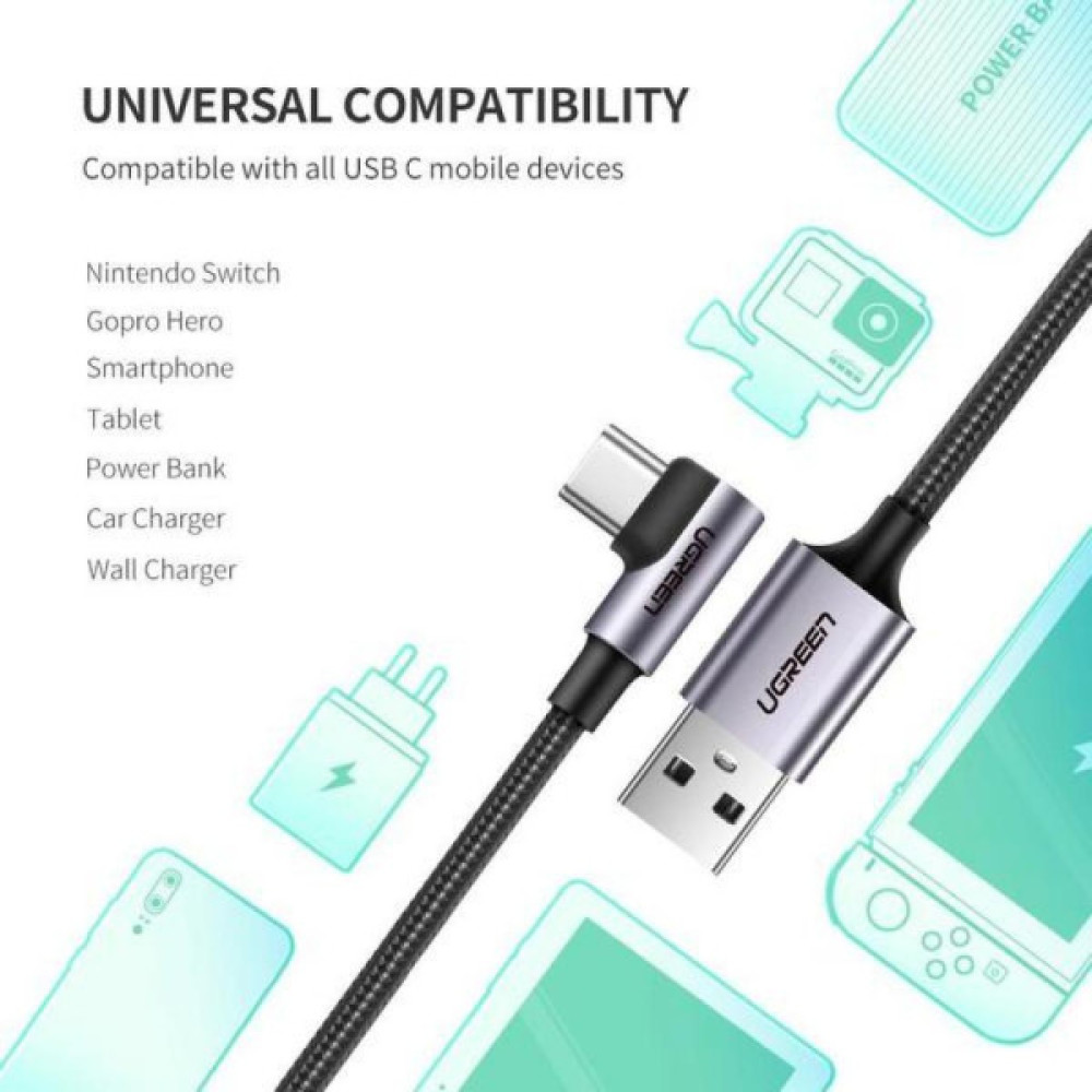 Дата кабель USB 2.0 AM to USB-C 1.0m 90° corner braid black Ugreen (50941)