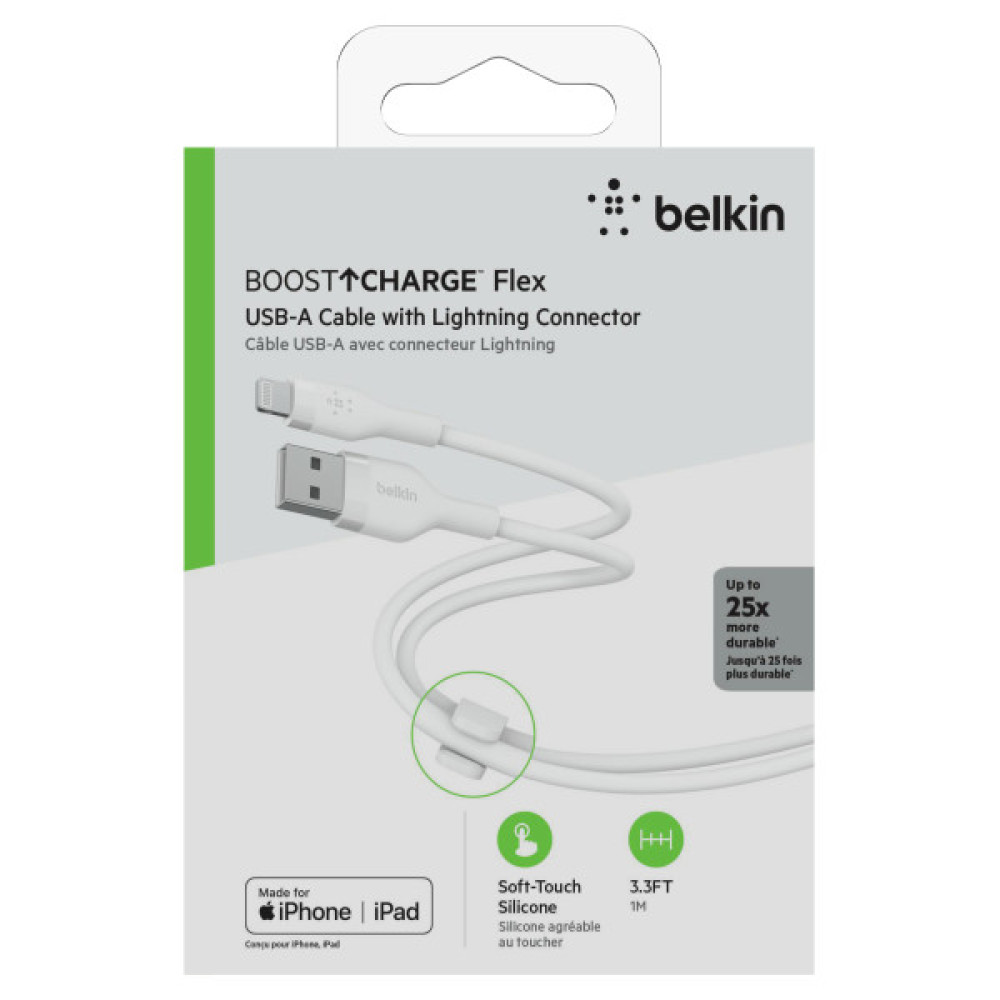Кабель USB-A > Lightning заряджання/синхронізації Belkin 1м, силіконовий з кліпсою, білий