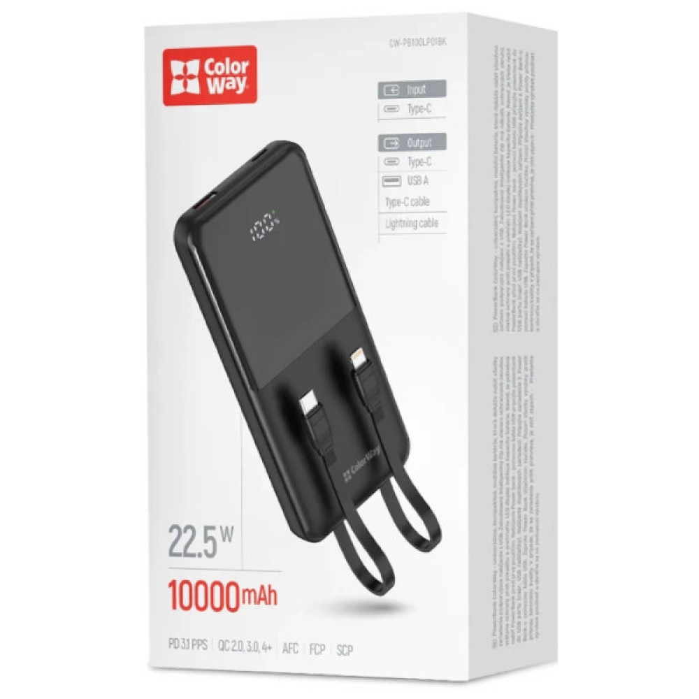 Батарея універсальна ColorWay 10 000 mAh DigiPower PD/22.5W, QC/4.0, Black (CW-PB100LP01BK)