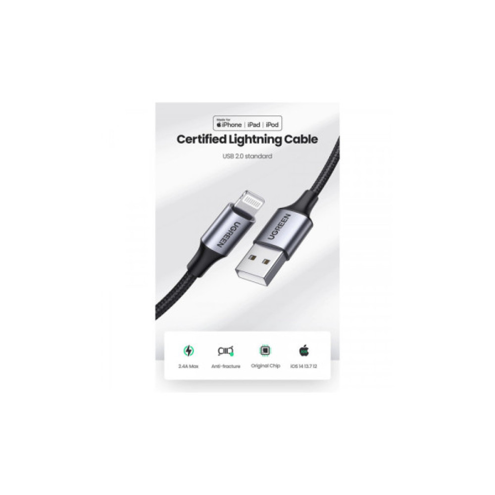 Дата кабель USB 2.0 AM to Lightning 1.0m 2.4A US199 black UGREEN (60156)