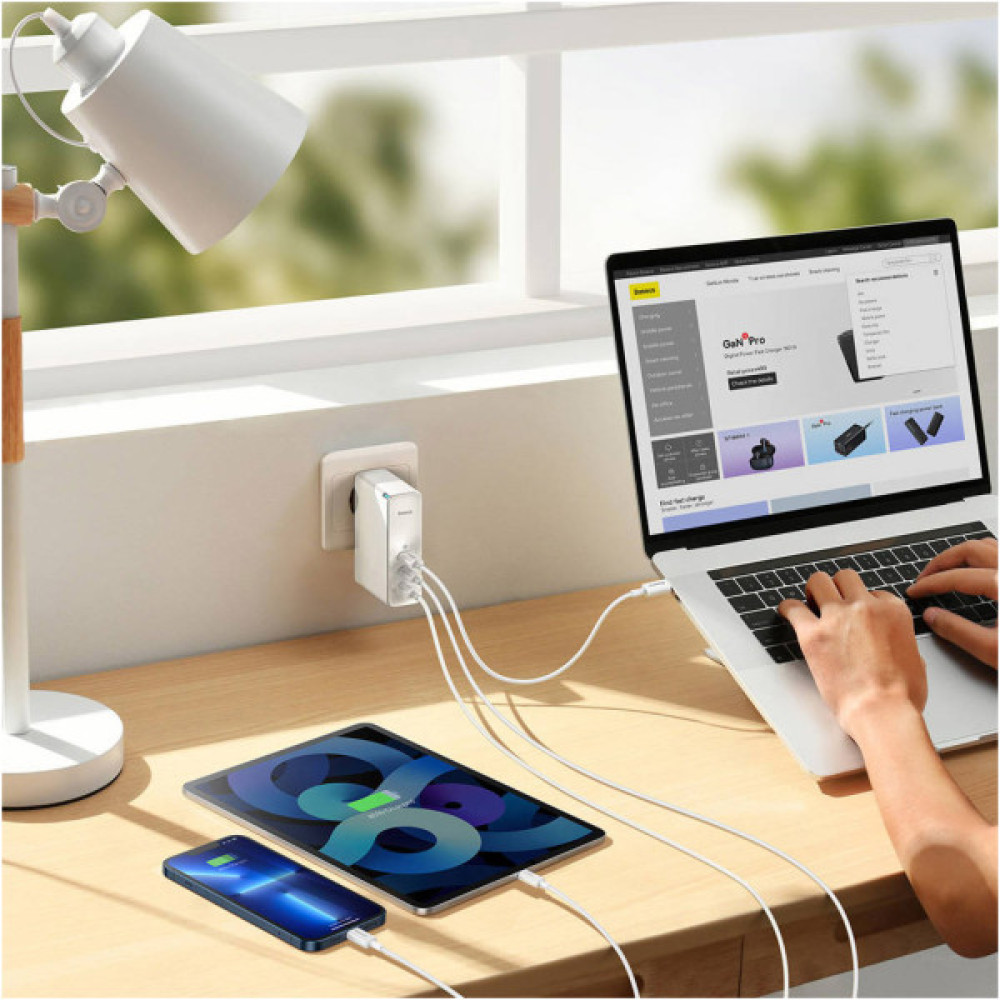 Зарядний пристрій Baseus GaN5 Pro Fast Charger 2C+U 140W + Cable 1.0m Type-C 240W white (CCGP100202)