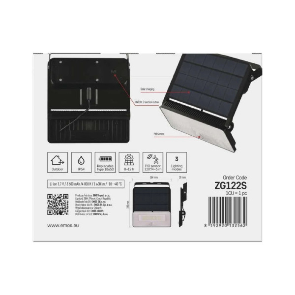 Прожектор EMOS сонячний світлодіодний 1600 лм IP54 4000K PIR (ZG122S)