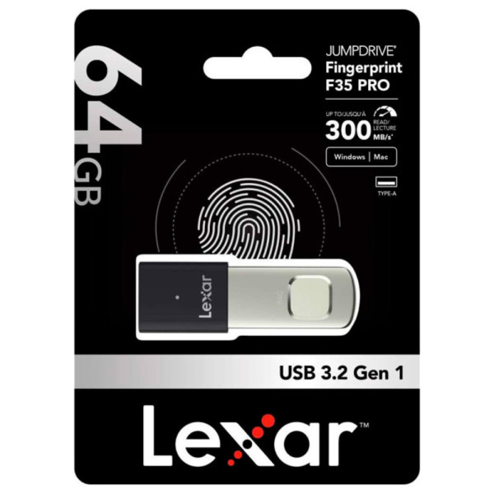 USB флеш накопичувач Lexar 64GB JumpDrive Fingerprint F35 Pro USB 3.2 (LJDF35P064G-RNBNG)