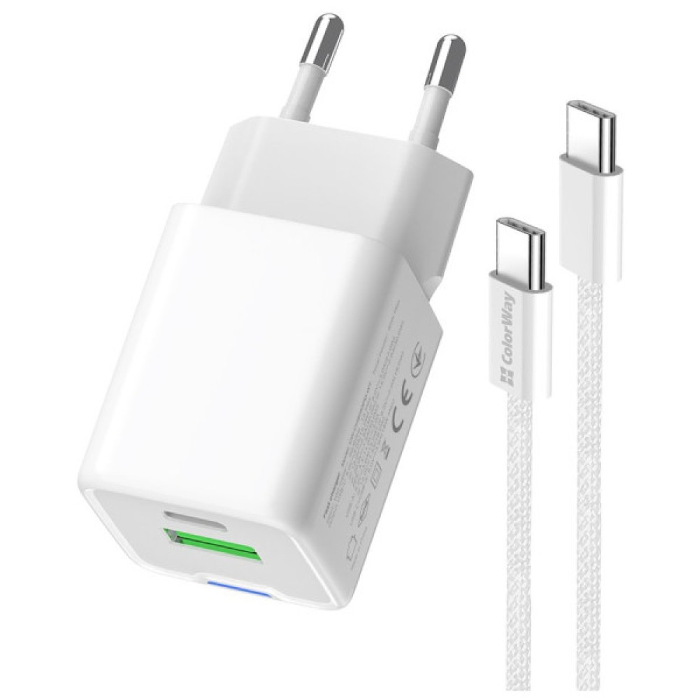 Зарядний пристрій ColorWay C101A GaN Mini 20W PD PPS USB-C + USB-A QC4.0 + cable USB-C to USB-C black (CW-CHS062PDC-WT)