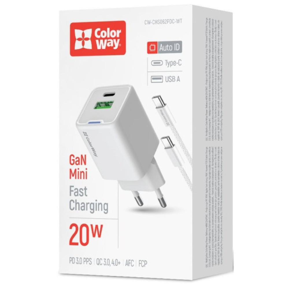 Зарядний пристрій ColorWay C101A GaN Mini 20W PD PPS USB-C + USB-A QC4.0 + cable USB-C to USB-C black (CW-CHS062PDC-WT)