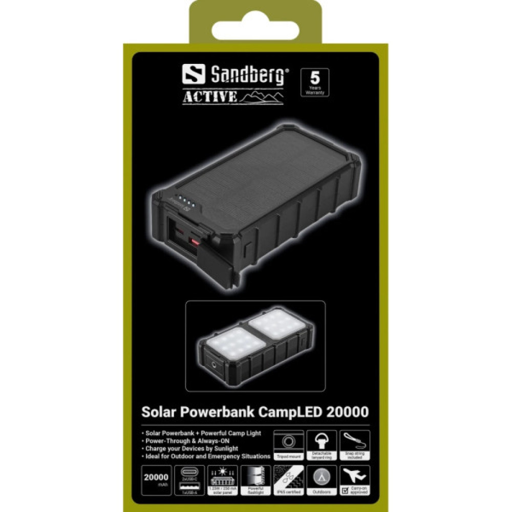 Батарея універсальна Sandberg 20000mAh, 22,5W, PD, Solar, CampLED, PowerThrough, IP65 (421-24)