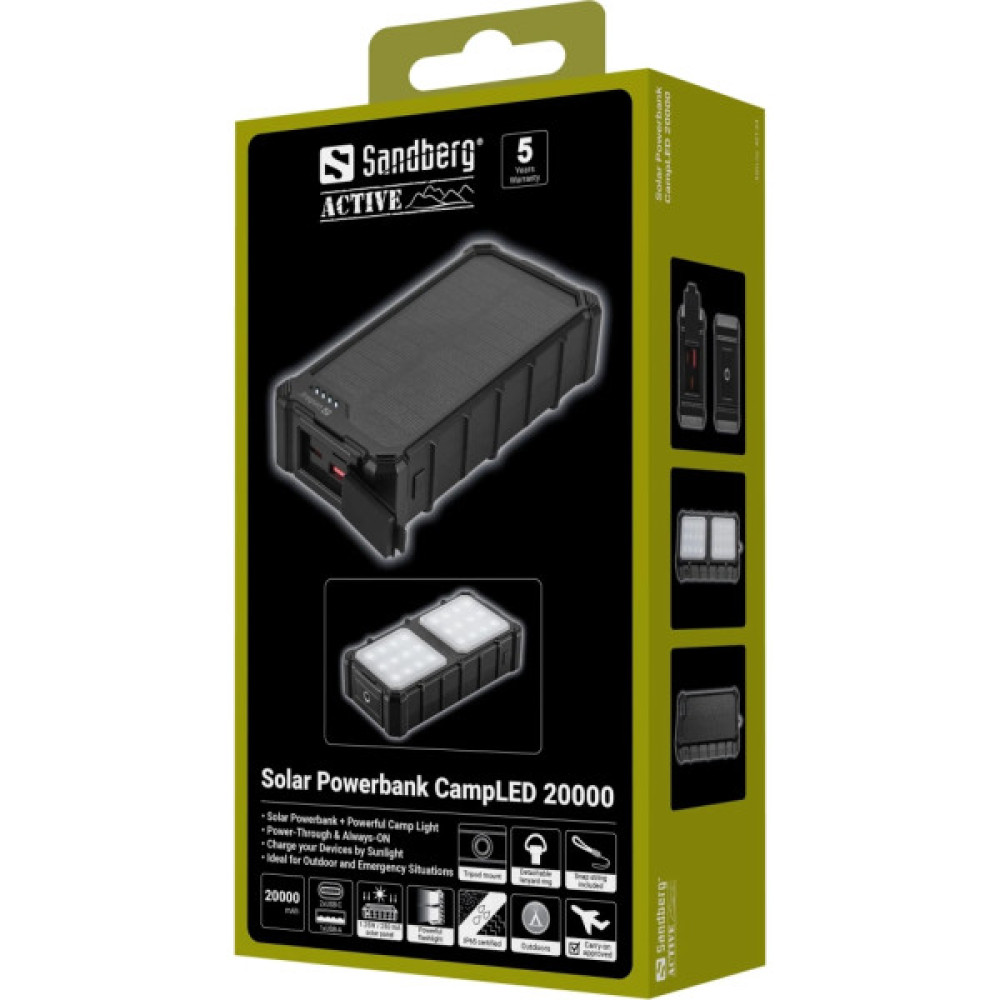 Батарея універсальна Sandberg 20000mAh, 22,5W, PD, Solar, CampLED, PowerThrough, IP65 (421-24)