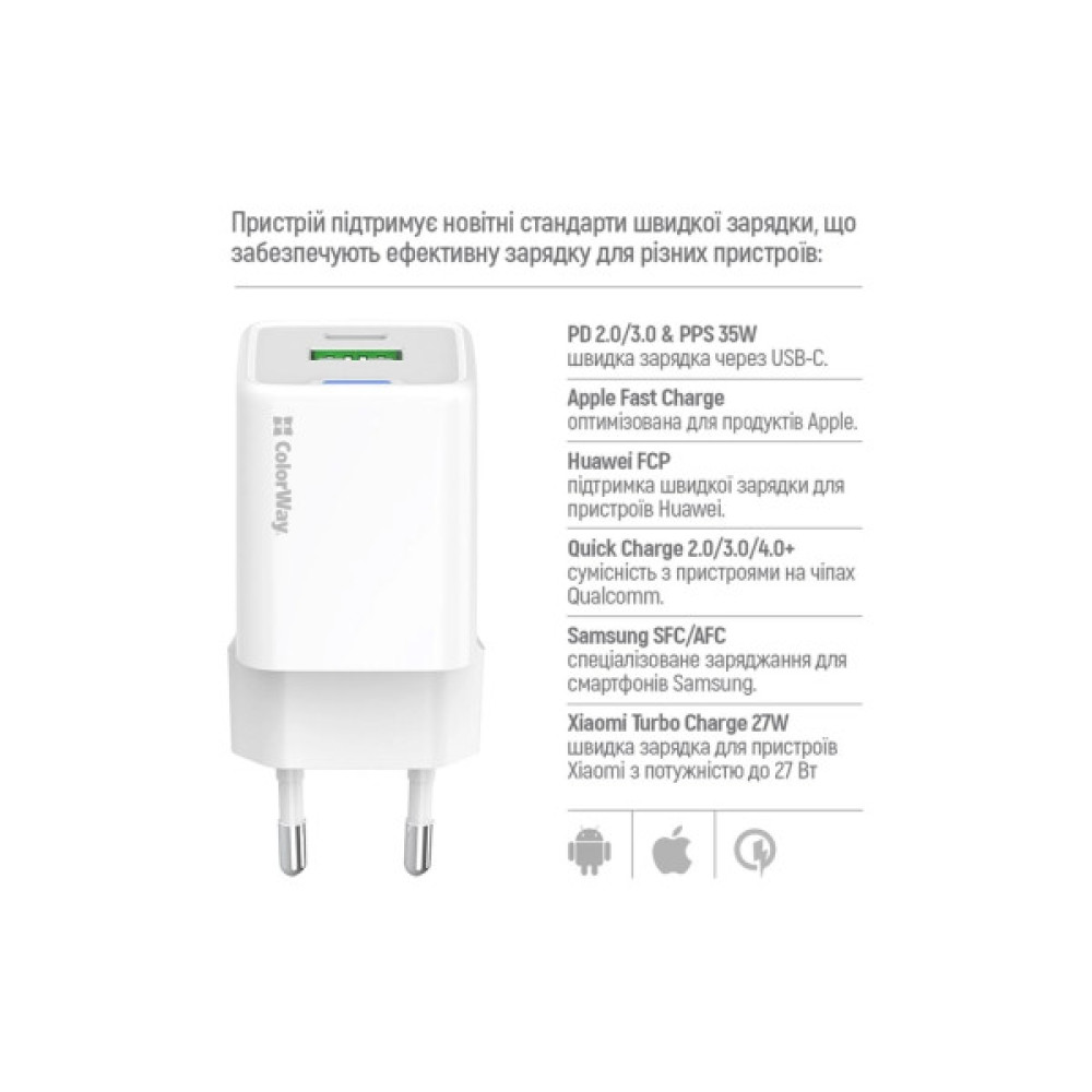 Зарядний пристрій ColorWay GaN Mini 35W PD Port PPS USB (Type-C PD + USB QC4.0) white (CW-CHS055PD-WT)