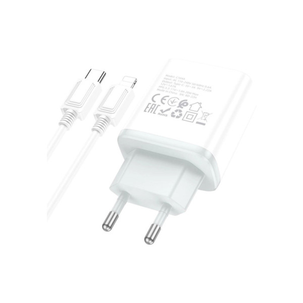 Зарядний пристрій HOCO C104A USB-C PD20W + cable USB-C to Lightning white (6931474782908)
