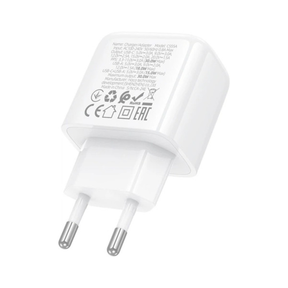 Зарядний пристрій HOCO CS55A 1xUSB-C PD30W + 1xUSB QC3.0 white (6942007631549)