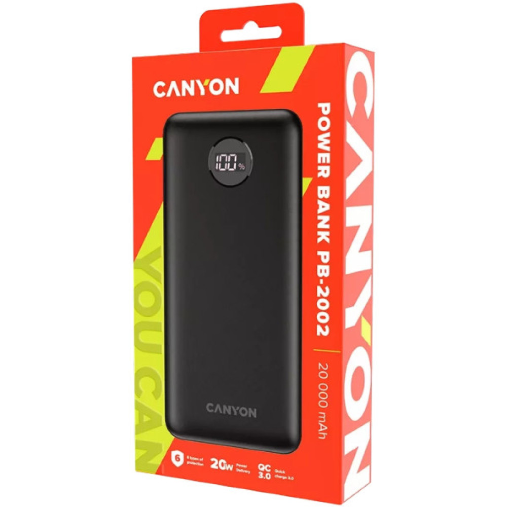 Батарея універсальна Canyon PB-2002 20000mAh, PD/20W, QC/3.0/22.5W, Black (CNE-CPB2002B)