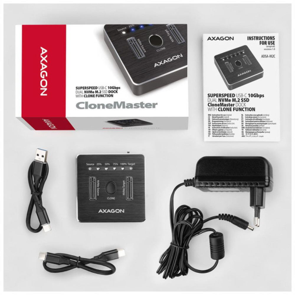 Док-станція для накопичувачів AXAGON SuperSpeed USB-C 10 Gbps dual M.2 NVMe (ADSA-M2C)