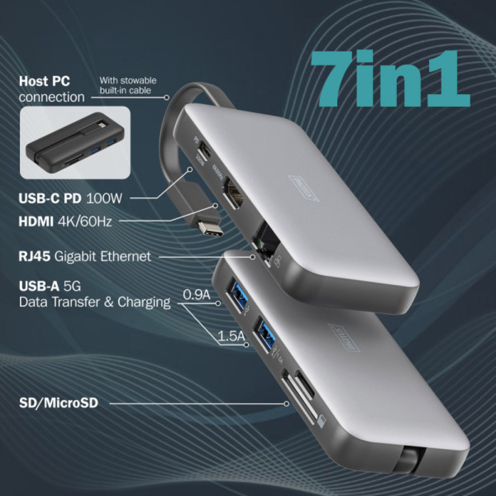 Порт-реплікатор Digitus USB-C > HDMI/2xUSB-A/USB-C/SD/MicroSD/RJ54 (DA-70914)