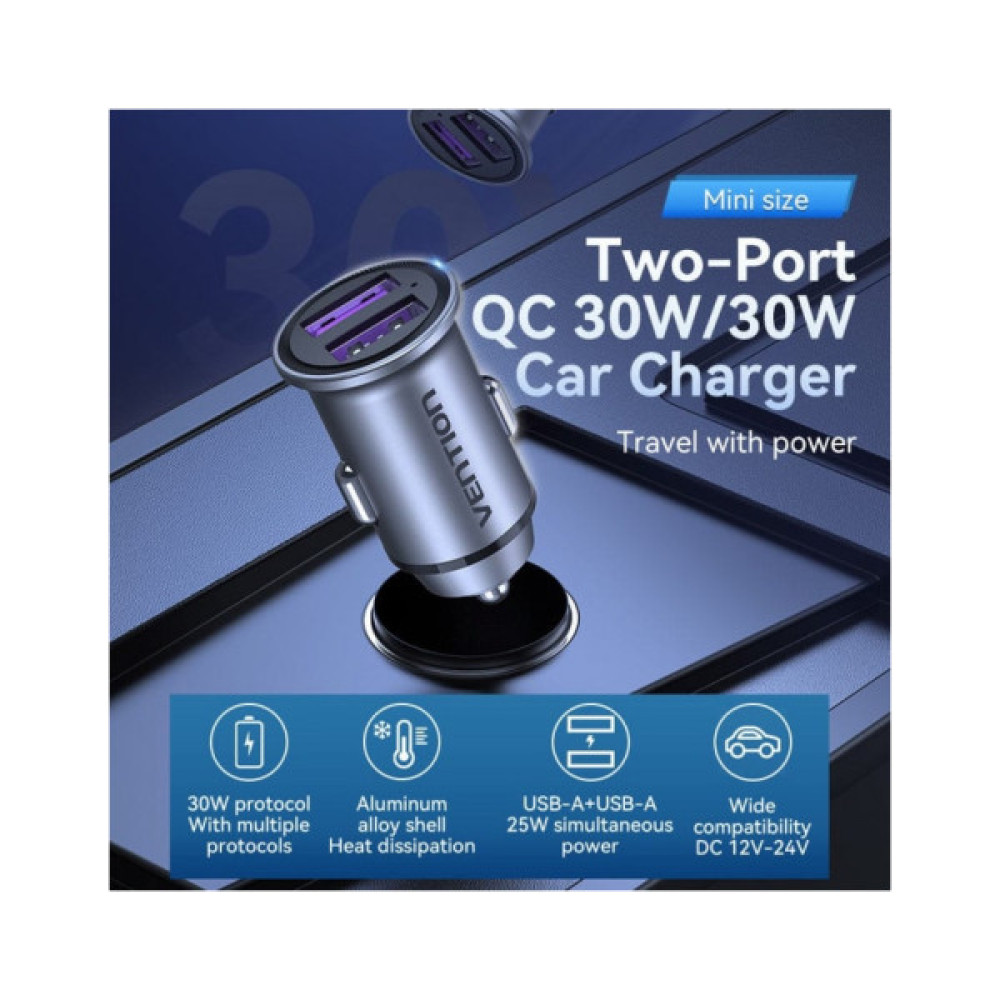 Зарядний пристрій Vention 2USB-A 30W QC3.0 Gray Mini Style Aluminium Alloy Type (FFEH0)