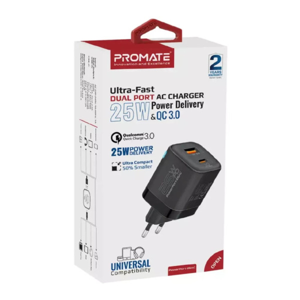 Зарядний пристрій Promate USB-C + USB-A (powerport-25ac.black)