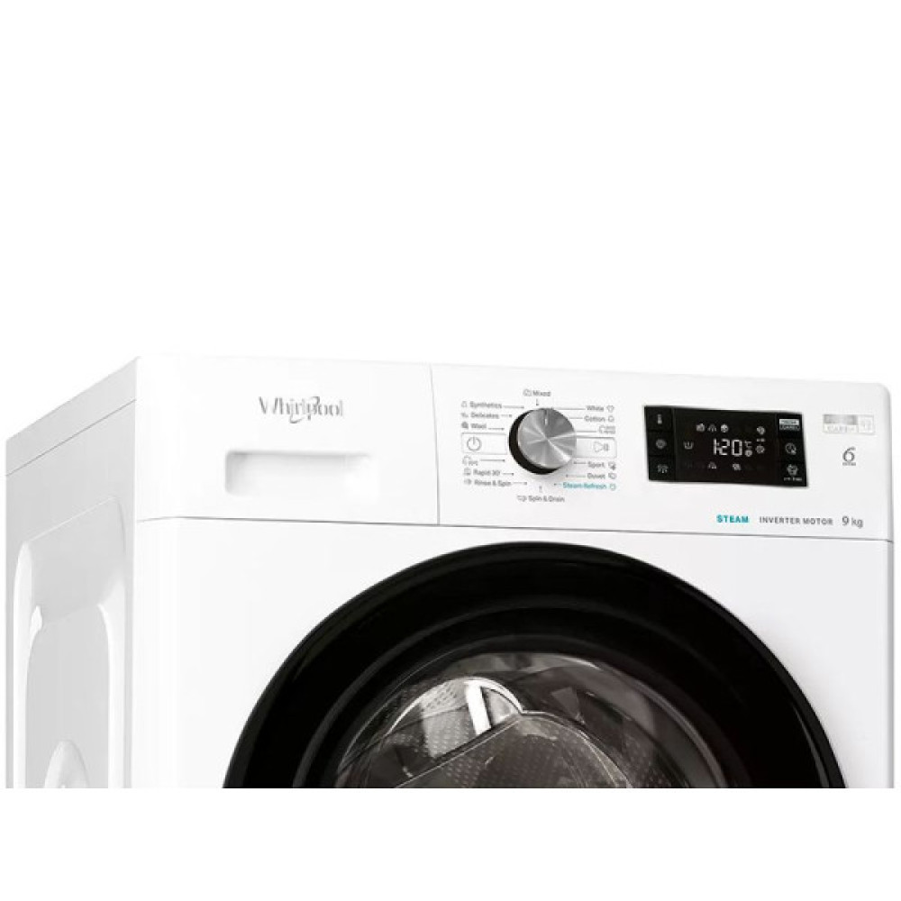 Пральна машина Whirlpool фронтальна, 9кг, 1400, A+++, 60см, дисплей, пара, інвертор, люк чорний, білий