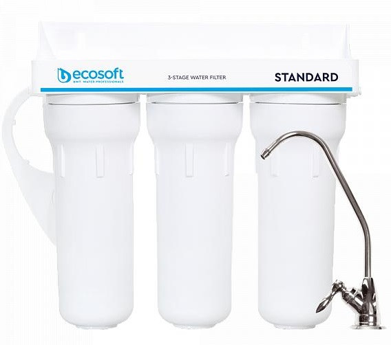 Фільтр проточний тристадійний Ecosoft Standard, покращений комплект картриджів з Ecomix, кран капля